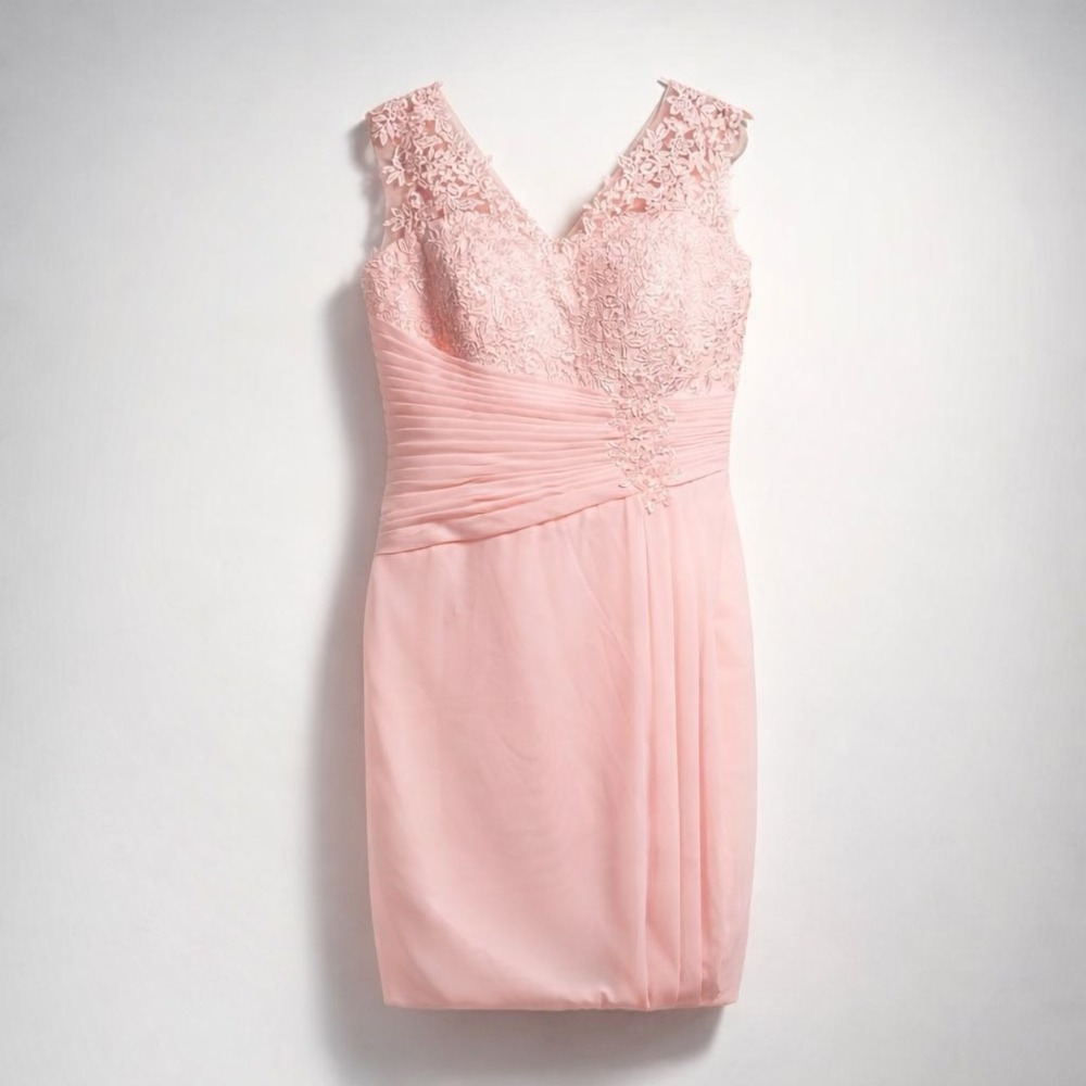 NEW Blush Pink‎ Lace Sequin Ruched Chiffon V-Neck Cocktail Dress Sleeveless